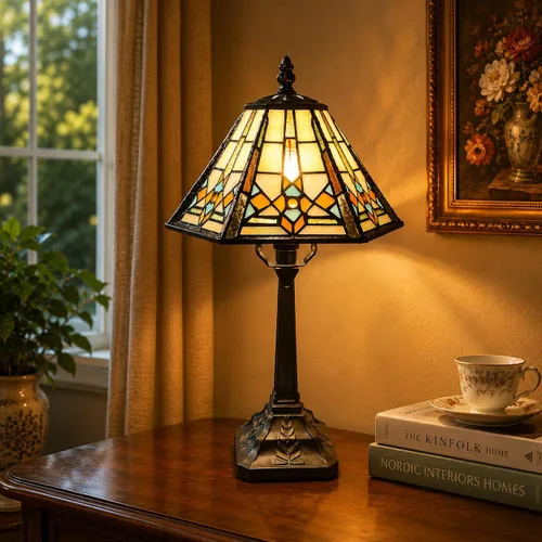 Vista 2 de Bieye L10791 - Lámpara de mesa estilo misión con luz nocturna de vidrio manchado Tiffany y pantalla cónica hexagonal, 10 pulgadas de ancho x 16