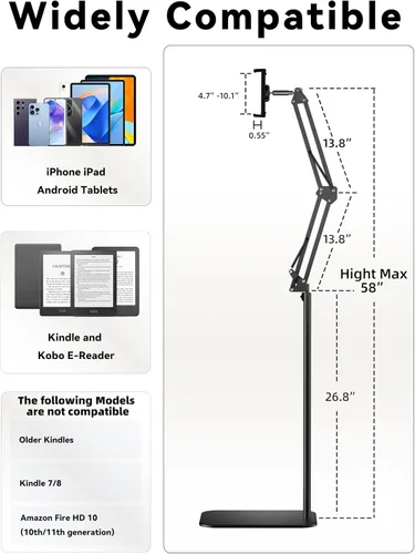Vista 6 de VOLTIFYMAX Soporte de Piso para Kindle con Pasador de Páginas Remoto para Leer en la Cama, Soporte para Tableta con Clicker, Accesorios Kindle