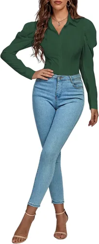 Vista 5 de LYANER Leotardo de manga larga abombada con cuello para mujer, color verde oscuro, talla XL, Verde oscuro