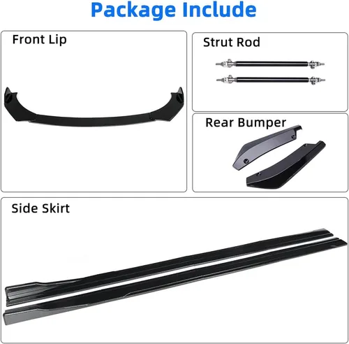 Vista 2 de Kit de carrocería difusor de alerón de labio de parachoques delantero universal negro brillante + barra divisora de soporte ajustable negro