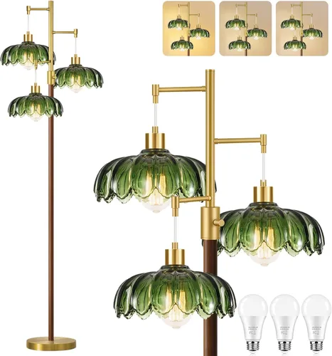 Vista 17 de ZECOXOL Lámparas de pie doradas para sala de estar dormitorio - Lámpara de pie de vidrio de 3 luces con tres bombillas LED, lámpara de pie alta