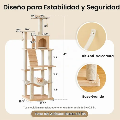 Vista 8 de Árbol para gatos moderno de 64 pulgadas, torre para gatos de interior con varios niveles, con 7 postes rascadores completamente envueltos, 2 Marrón