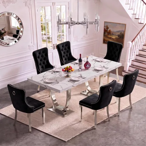 Vista 13 de Henf Mesa de comedor rectangular de mármol sintético blanco de 70 pulgadas Blanco & Oro