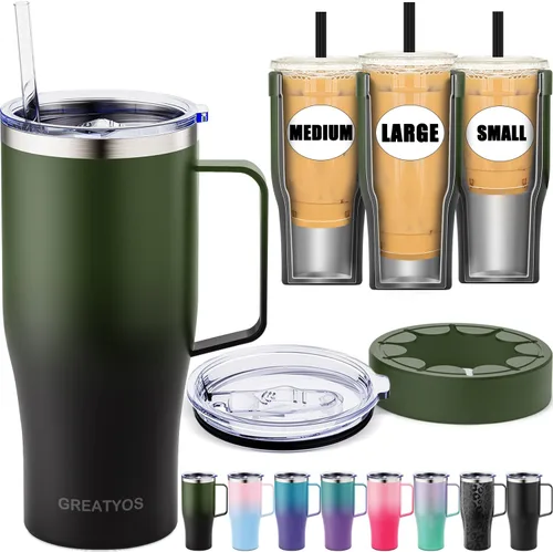 Vista 11 de Funda universal para café helado con asa - Soporte aislante de acero inoxidable reutilizable de doble pared para bebidas frías que se adapta a tazas