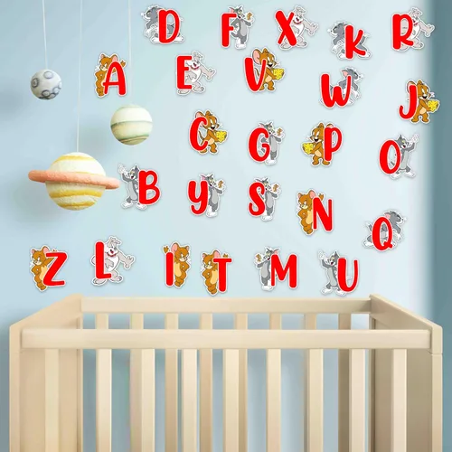 Vista 8 de Tom & Jery - Adhesivo decorativo para pared del alfabeto (A–Z), divertido alfabeto de dibujos animados para espacios de aprendizaje, calcomanías