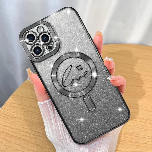Vista 17 de ZIYE - Funda magnética diseñada para iPhone 13 con purpurina, color negro Luxury Plating Love Heart Compatible with MagSafe Camera Protection