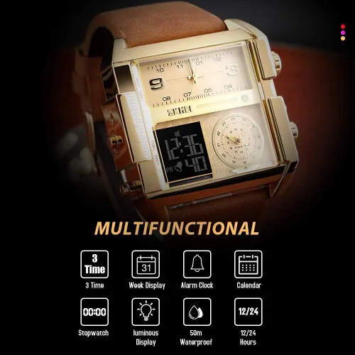 Vista 2 de SKMEI Relojes cuadrados para hombre, retroiluminación LED, pantalla grande, zona multihoraria, impermeable, analógico, reloj deportivo digital