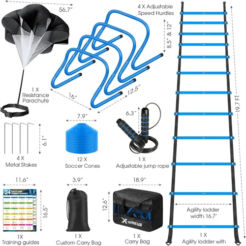 Vista 2 de X-UMEUS Agility Ladder Speed Training Equipment Set-20ft Agility Ladder,12 Soccer Cones,4 Hurdles, Jump Rope, Running Parachute Basketball Football