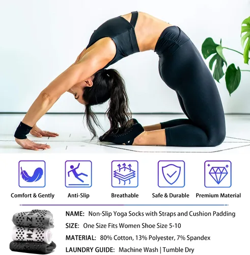 Vista 2 de NEWZILL Calcetines de yoga antideslizantes 2024 para mujer, calcetines de agarre con cojín para pilates, barre, ballet, danza, hospital (3 pares)