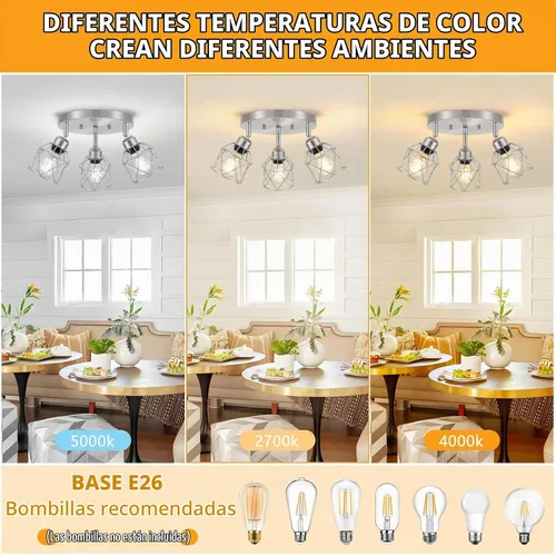 Vista 6 de Baocuz Lámpara de techo semiempotrada de níquel cepillado de 3 luces, luminarias de cocina ajustables montaje al techo base E26, luces de techo