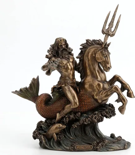 Vista 2 de Veronese Design Poseidon - Estatua de resina de hipocampo con Tridente, acabado en bronce