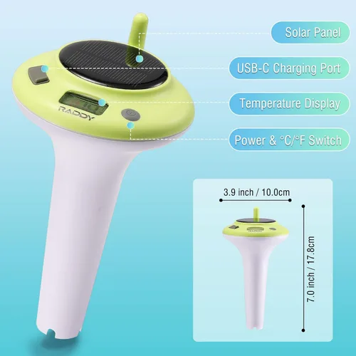 Vista 3 de Raddy Termómetro solar PT-5 flotante de fácil lectura, termómetro de spa de alta precisión con pantalla digital, IPX8 impermeable, solar y funciona