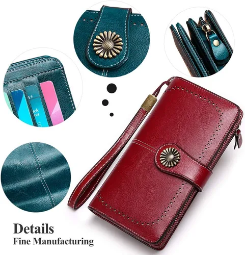 Vista 6 de SENDEFN - Cartera de cuero genuino para mujer con correa 24 ranuras para tarjetas 2 ventanas para identificación compartimentos para efectivo 1
