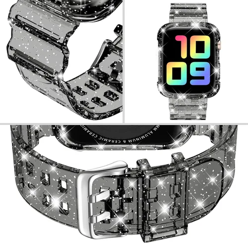 Vista 214 de DABAOZA - Correa transparente compatible con Apple Watch con estuche protector, correa deportiva de TPU con brillo para mujeres y hombres