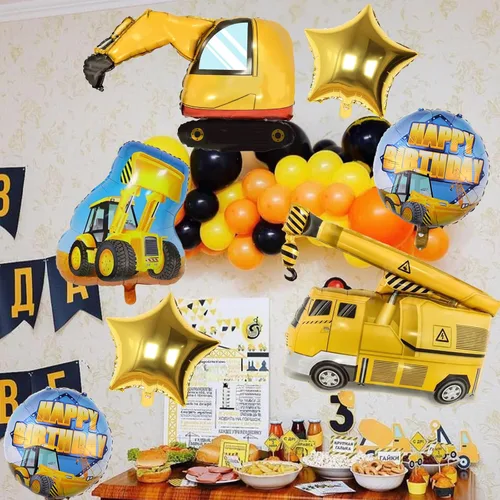 Vista 7 de Globos de construcción para el primer cumpleaños, 9 globos dorados de 40 pulgadas con el número 1 para excavadora grande, camión volquete, grúa