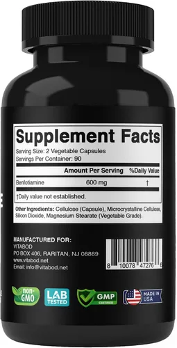 Vista 8 de Vitabod Benfotiamina 600mg - 180 cápsulas vegetarianas - Suplemento de vitamina B1 soluble en grasa
