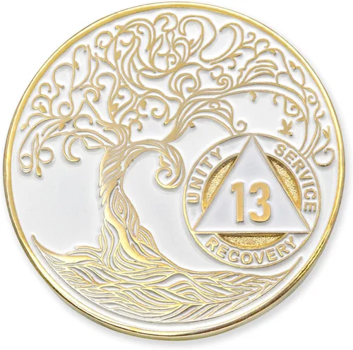 Vista 173 de 1 año Sobriety Mint Twisted Tree of Life Medallón de recuperación AA chapado en oro, chip/ficha - negro