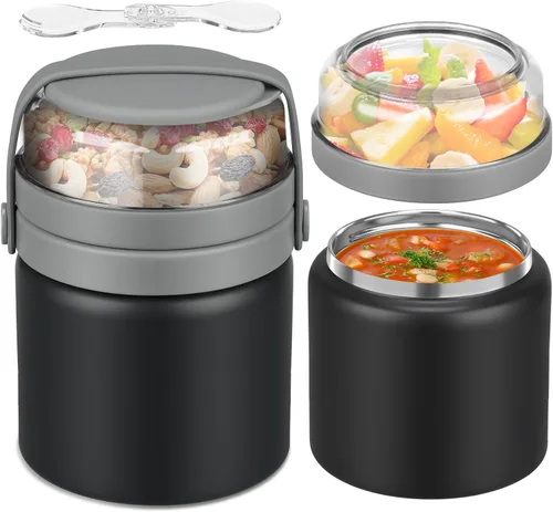 Vista 8 de JXXM Tarro de comida con doble aislamiento 2 en 1 de 13.5 onzas, termo de sopa con contenedor de aperitivos para niños, termo para comida caliente