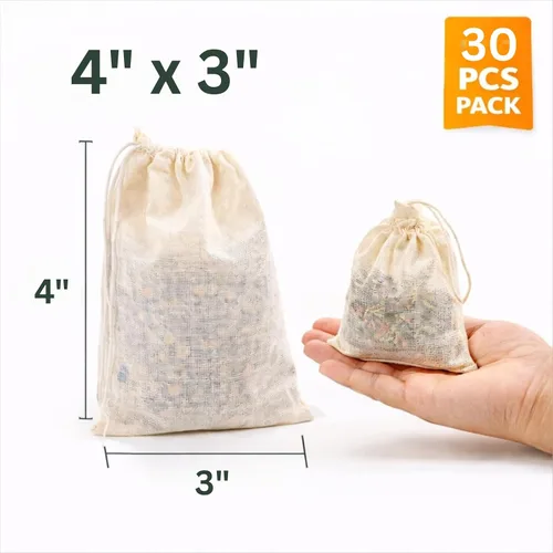 Vista 6 de Bolsas de especias de algodón orgánico con cordón – 30 bolsas de té reutilizables de 3 x 4, bolsas de muselina para cocinar, bolsa de sopa, hierbas