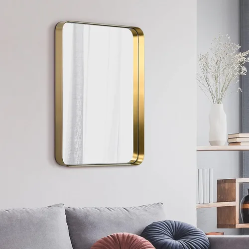 Vista 17 de Empire Art Direct Espejo de pared rectangular de acero inoxidable dorado ultra cepillado, espejo para baño, dormitorio, sala de estar, listo