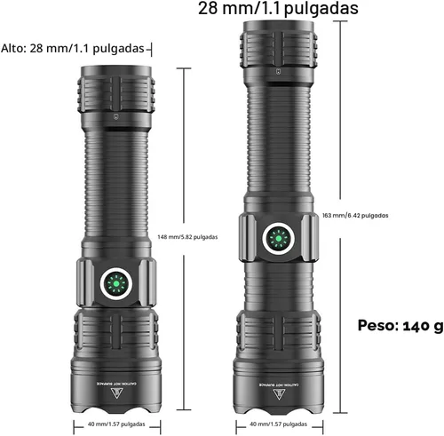 Vista 3 de Linterna táctica recargable USB tipo C de 6000 lúmenes, linterna LED con zoom impermeable con interruptor de presión, riel Picatinny