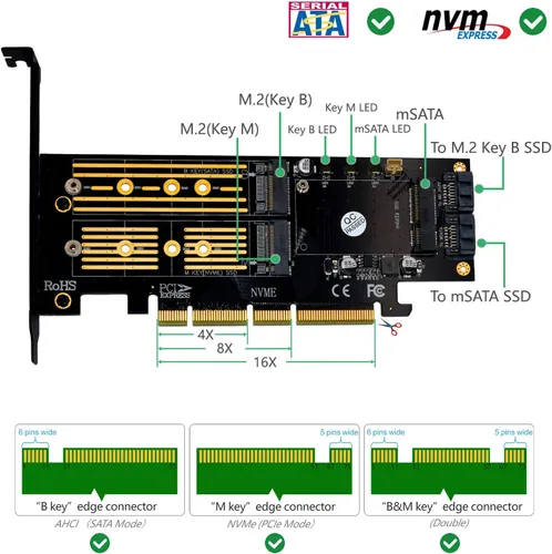 Vista 2 de Dual M.2 SSD NVME (llave m) o SATA (llave b) a PCI-e 3.0 x 4 Host Controller Tarjeta de expansión con soporte de perfil bajo y disipador de calor