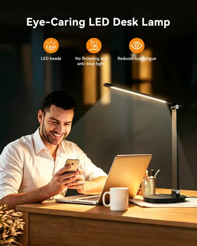 Vista 4 de Eye-Caring LED Desk Lamp with USB Charging Port, Touch Control Dimmable Table Lamp, 6 Brightness Levels 5 Color Modes for Home Office Bedroom Study