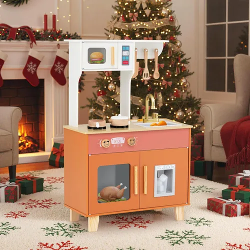 Vista 10 de Costzon Cocina de juego para niños, juego de cocina Little Chef con microondas, estufas, pomos de rotación, dispensador de hielo, grifo, fregadero