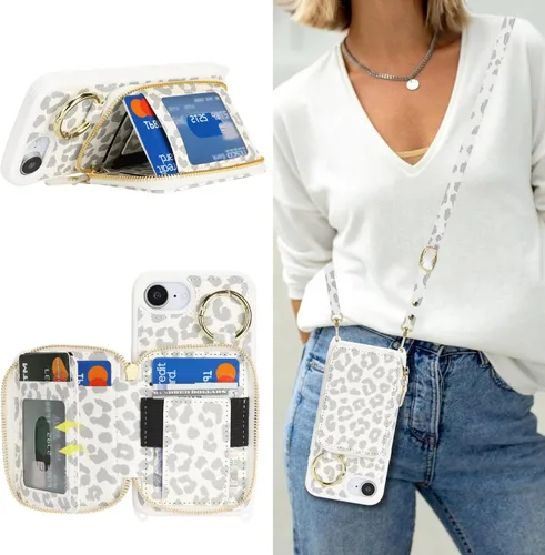 Vista 9 de Funda tipo cartera para iPhone 17e/16e, diseño de leopardo negro Funda de piel sintética con cremallera para bolso, funda con función atril