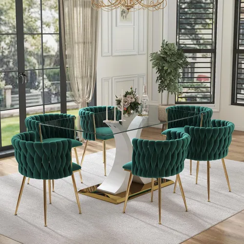 Vista 8 de Juego de comedor moderno de vidrio de lujo de 5 piezas, juego de cena rectangular minimalista grande para 4, juego de mesa de cocina de vidrio