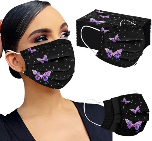 Vista 3 de Paquete de 50 mascarillas de mariposa para adultos, desechables, para mujeres, para el cuidado de la piel, gruesas, 3 capas, transpirable, filtro