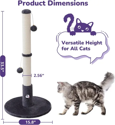 Vista 2 de Woochpet Poste rascador de gatos de 33 pulgadas de alto para adultos, poste rascador grande resistente con bola colgante con divertido agujero