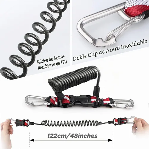 Vista 4 de Buceo Cordón retráctil, doble clips de acero inoxidable y núcleo en espiral anti-pérdida cordón con hebilla de liberación rápida 316 Stainless