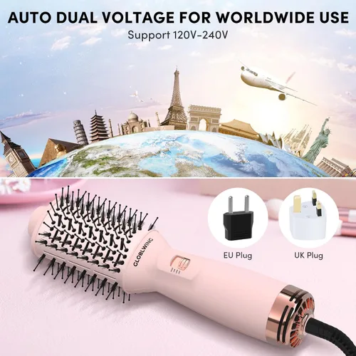 Vista 2 de Cepillo secador automático de pelo de viaje de doble voltaje, compacto mini cepillo de aire caliente con enchufe europeo, secadora de un paso