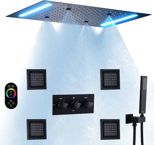 Vista 10 de Juego de sistema de ducha de lluvia de lujo, montado en techo, 14 x 20 pulgadas, grifo rectangular de ducha de lluvia con control LED, spa, baño