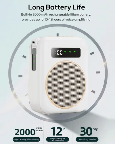 Vista 2 de Micrófono inalámbrico con amplificador de voz, amplificador de voz portátil de 2000 mAh, altavoz Bluetooth recargable con 2 micrófonos de solapa
