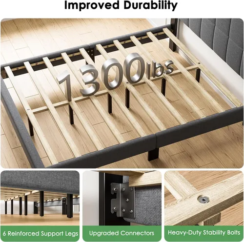 Vista 3 de Marsail Base de cama tamaño twin con cabecero, resistente y duradero con 12 patas de soporte, capacidad de 1300 libras, cabecero tapizado de madera
