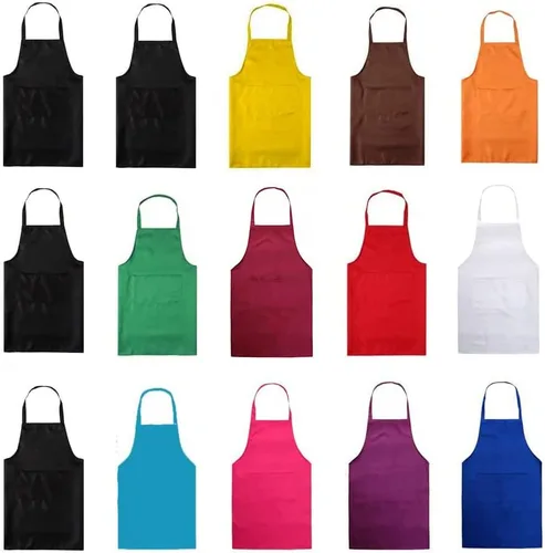 Vista 2 de Total de 15 delantales con peto de colores lisos mixtos a granel para mujeres, hombres y adultos, con 2 bolsillos frontales, para cocinar, pintar