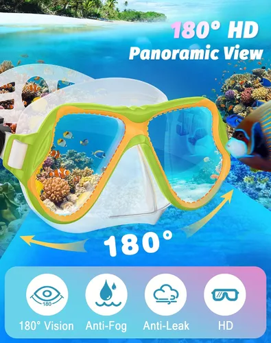 Vista 2 de Greatever Snorkeling Gear for Kids, Dry Snorkel Set Panoramic View Snorkel Mask, Anti-Fog Scuba Diving Mask for Kids Youth Age 6-14, Unisex Swimming