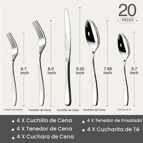 Vista 7 de Juego de cubiertos para 4, 20 piezas de cubiertos de acero inoxidable 18/10