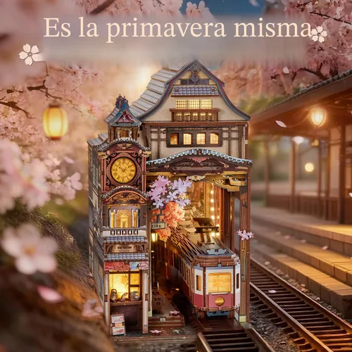 Vista 2 de FUNPOLA Kit de rincón de lectura del tren Sakura – Rompecabezas de madera 3D con LED y espejo infinito – Decoración de estantería DIY, manualidad