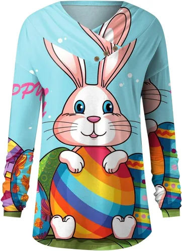Vista 2 de Easter Bunny Tshirt Women, Womens Funny Bunny Easter Shirts Long Sleeve V Neck Sweatshirt Loose Pullover Casual Tops