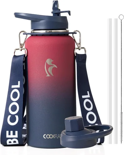 Vista 37 de Botella de agua Coolflask de 40 onzas con correa, botella de agua metálica aislada con popote y tapas con pico, acero inoxidable de doble pared al
