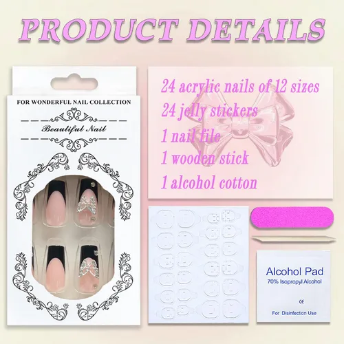 Vista 2 de 24 uñas postizas a presión de punta francesa negra, uñas postizas largas cuadradas, color rosa, cobertura completa, con diamantes de imitación, L1.