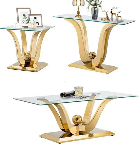 Vista 9 de SSLine Mesa de centro moderna de 1 pieza para sala de estar, mesa de centro de vidrio templado de lujo con base de acero inoxidable en forma de flor