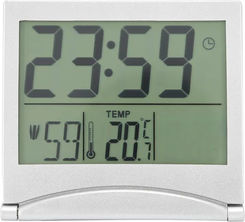 Vista 5 de Reloj electrónico compacto con alarma plegable, fácil de leer, reloj atómico de escritorio, ajuste automático, pantalla de reloj despertador digital