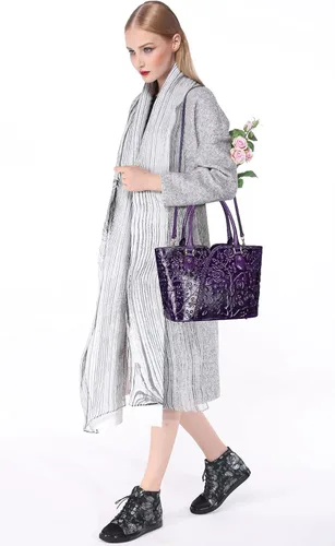 Vista 3 de PIJUSHI Bolsos florales de diseñador con asa superior, bolsos de cuero auténtico, cartera floral para mujer y tarjetero de cuero genuino