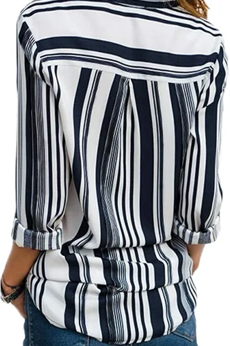 Vista 2 de Astylish - Blusa para mujer con cuello en V rayas mangas enrollables y botones