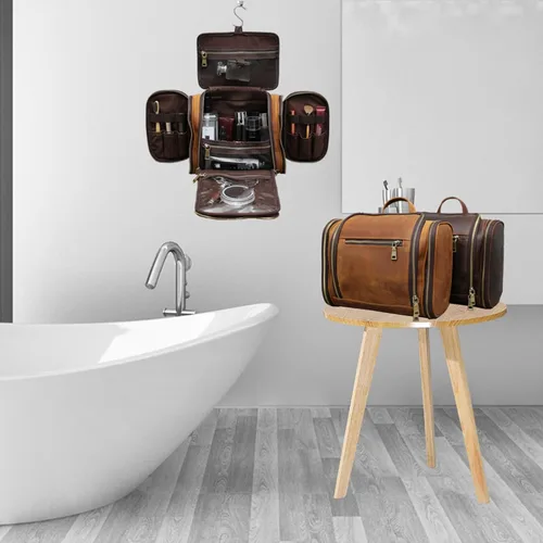 Vista 5 de Neceser colgante, bolsa personalizada de cuero genuino para hombre y mujer, organizador de viaje para artículos de tocador, regalo para el mejor