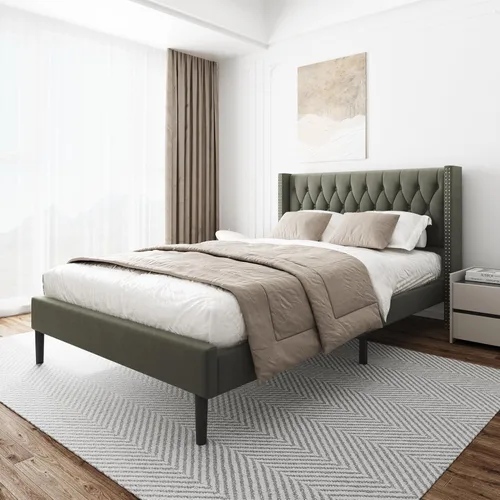 Vista 6 de HAOARA Base de cama de tamaño matrimonial, plataforma tapizada con cabecera con respaldo de ala, botón de terciopelo, fácil montaje, no necesita